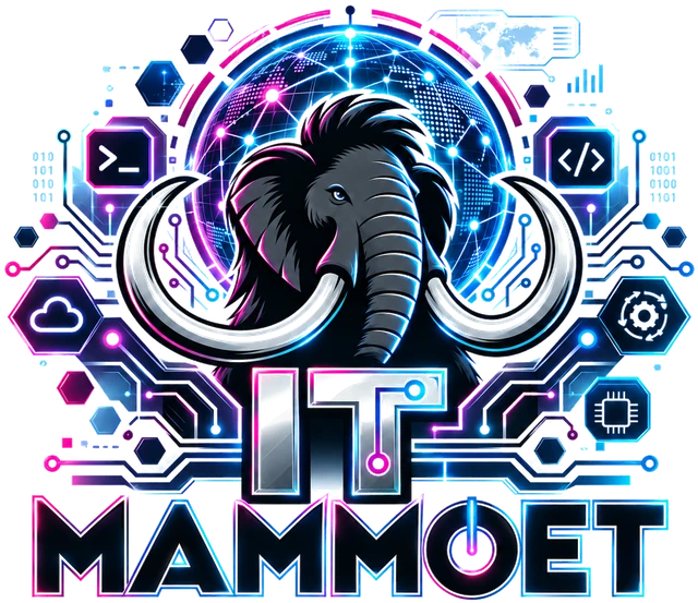 IT Mammoet logo: mammoetkop met wereldbol en circuitlijnen